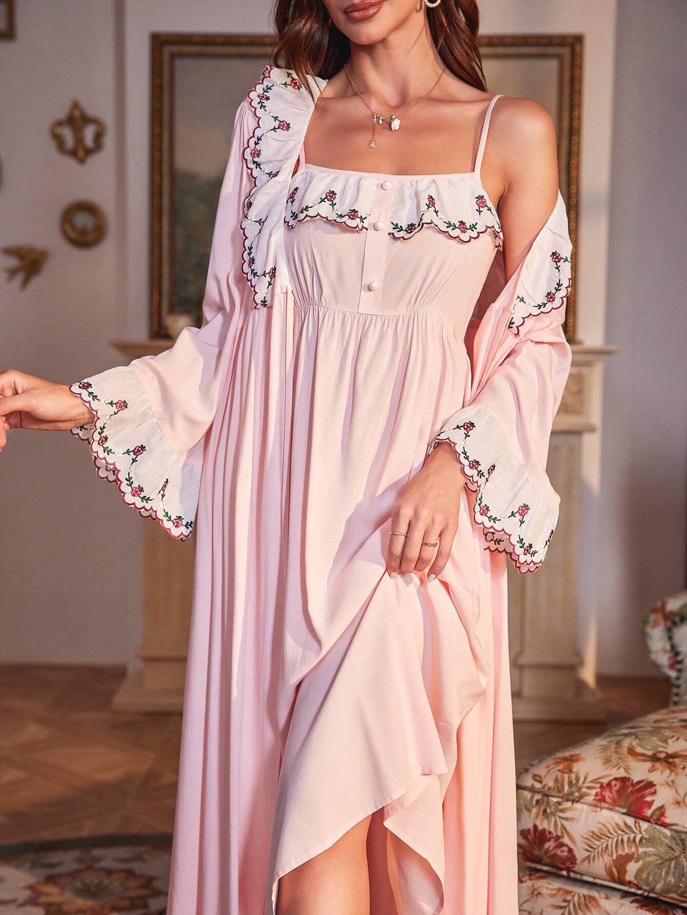 PalaceNights Floral Embroidery Flare Sleeve PJ Set / Pajama Set Pink