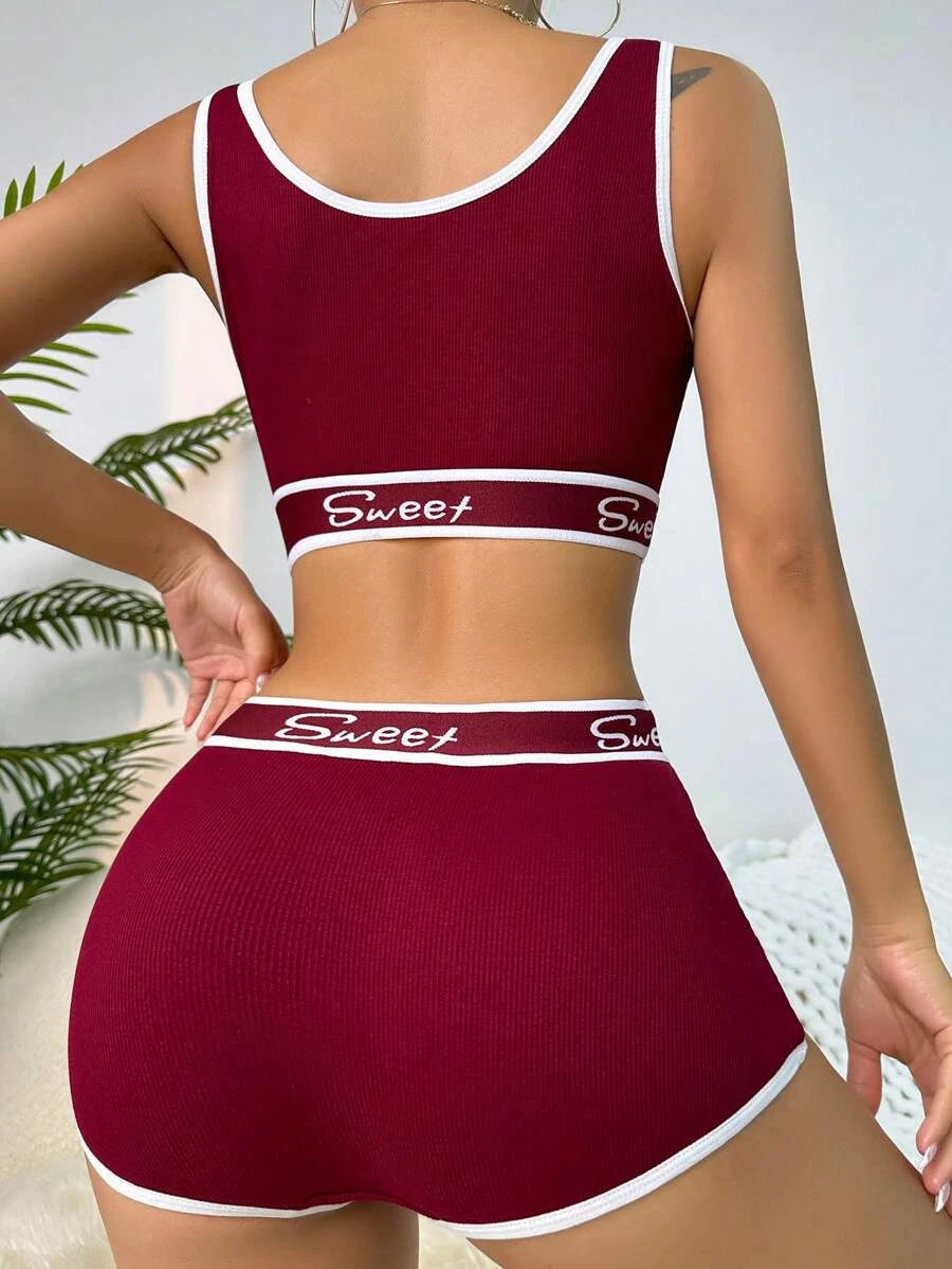 Letter Graphic Contrast Binding Lingerie Set