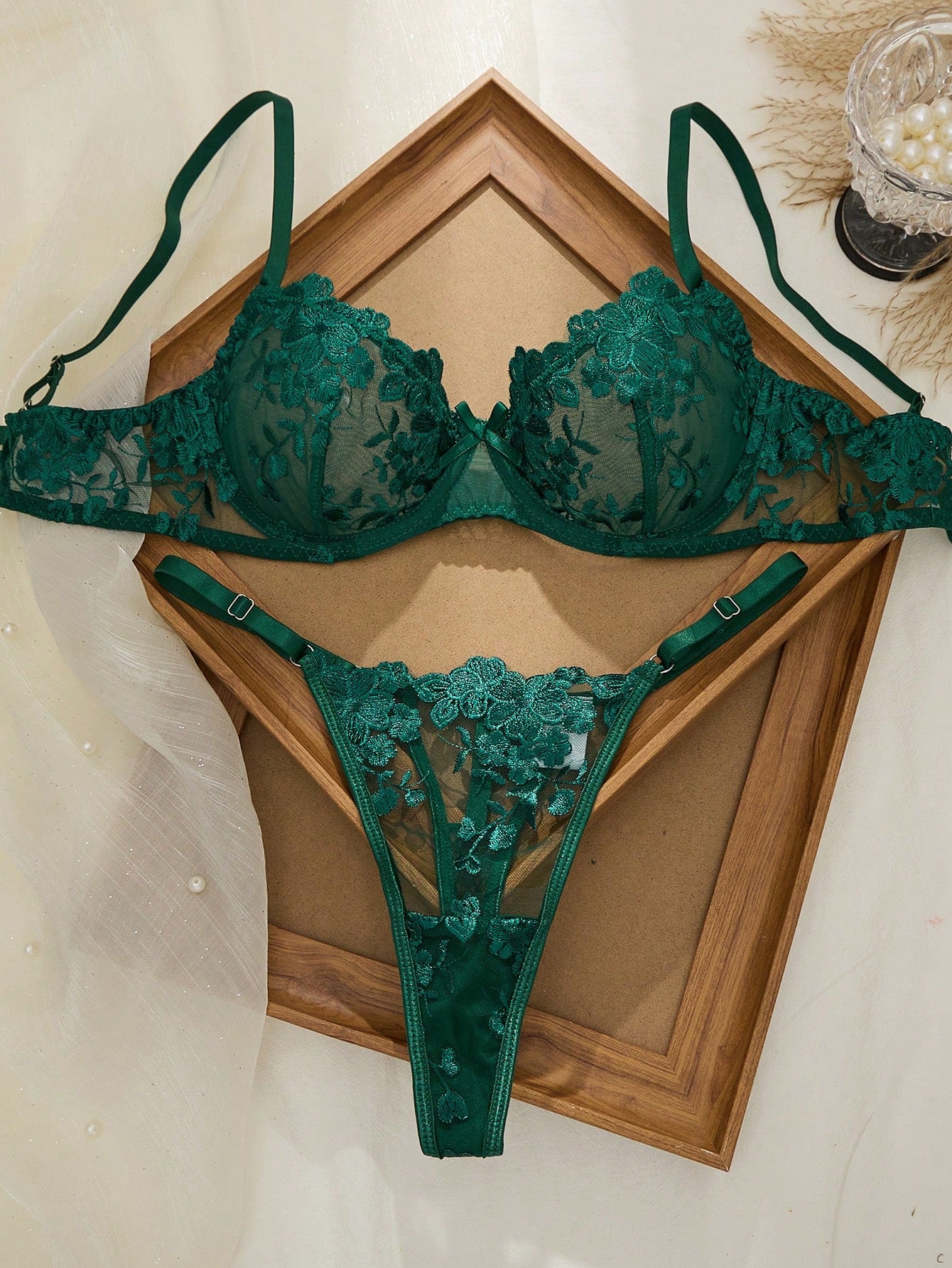 2pcs Mesh Embroidery Women's Lingerie Set Dark Green