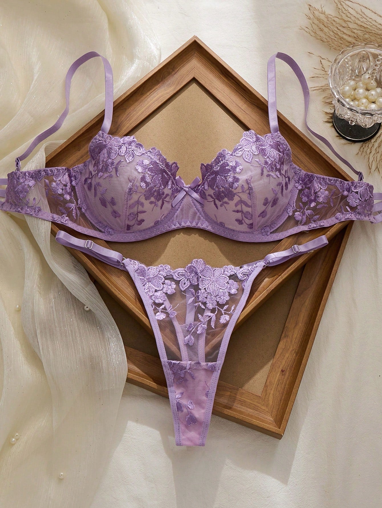2pcs Mesh Embroidery Women's Lingerie Set Lilac Purple