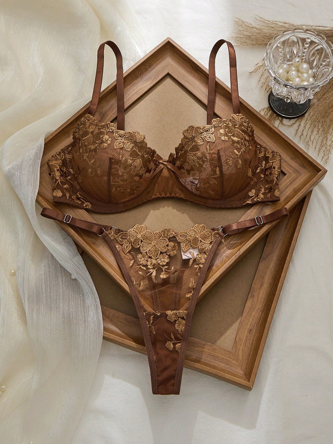 2pcs Mesh Embroidery Women's Lingerie Set Coffee Brown