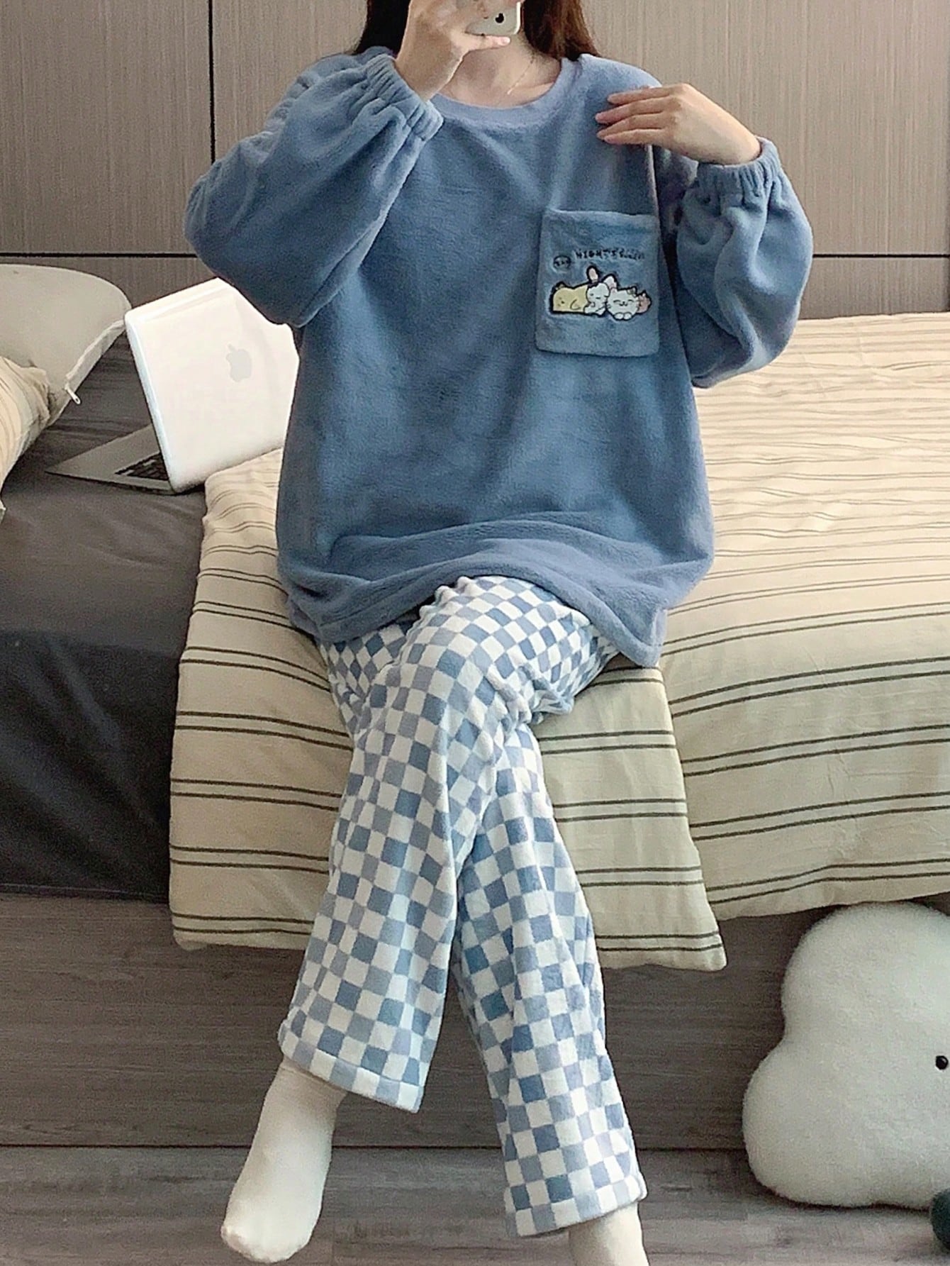 Cartoon Long Sleeve Top And Checker Long Pants