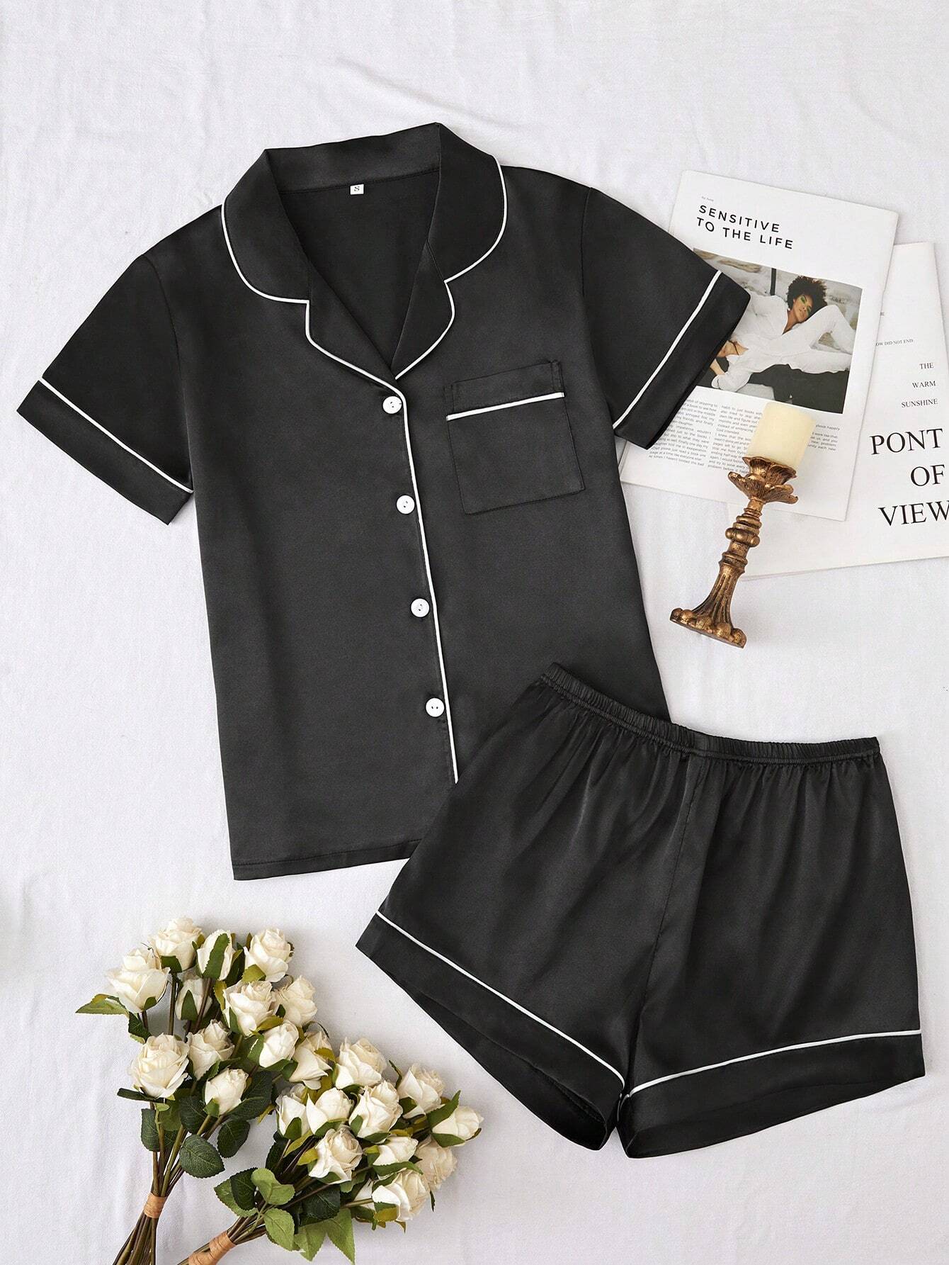 Contrast Piping Satin PJ Set Black