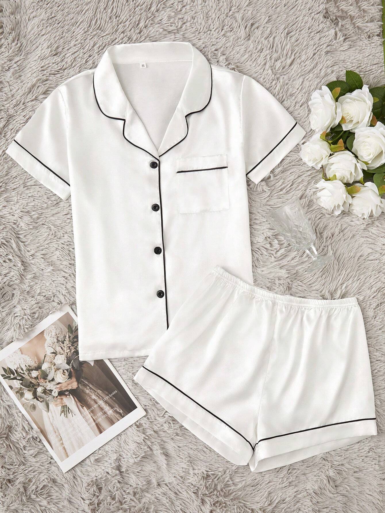 Contrast Piping Satin PJ Set White
