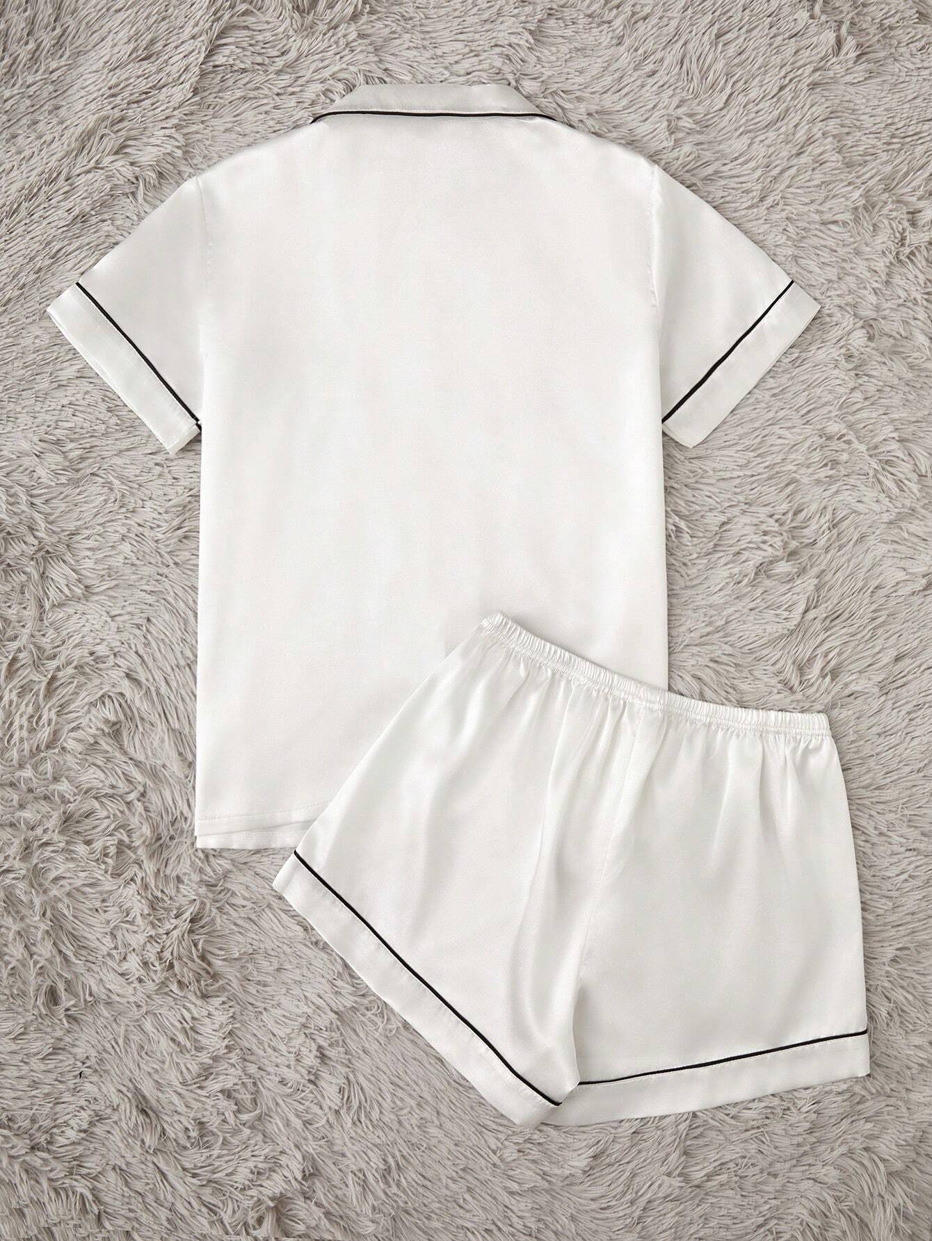 Contrast Piping Satin PJ Set