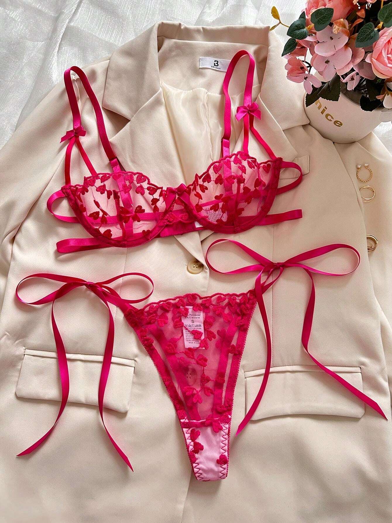 Rose Red Heart Embroidery Sheer Eroticism Bra Set