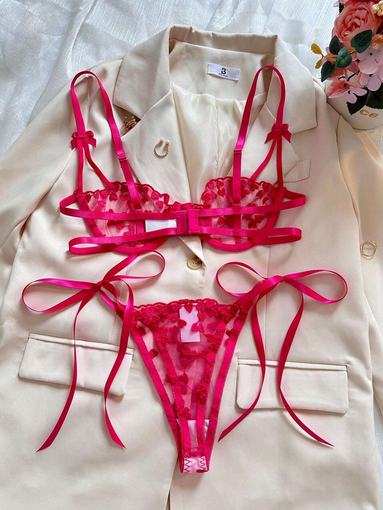 Rose Red Heart Embroidery Sheer Eroticism Bra Set