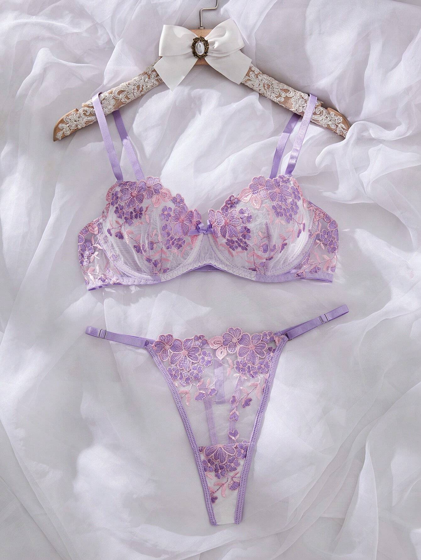 2pcs Mesh Embroidery Women's Lingerie Set Mauve Purple