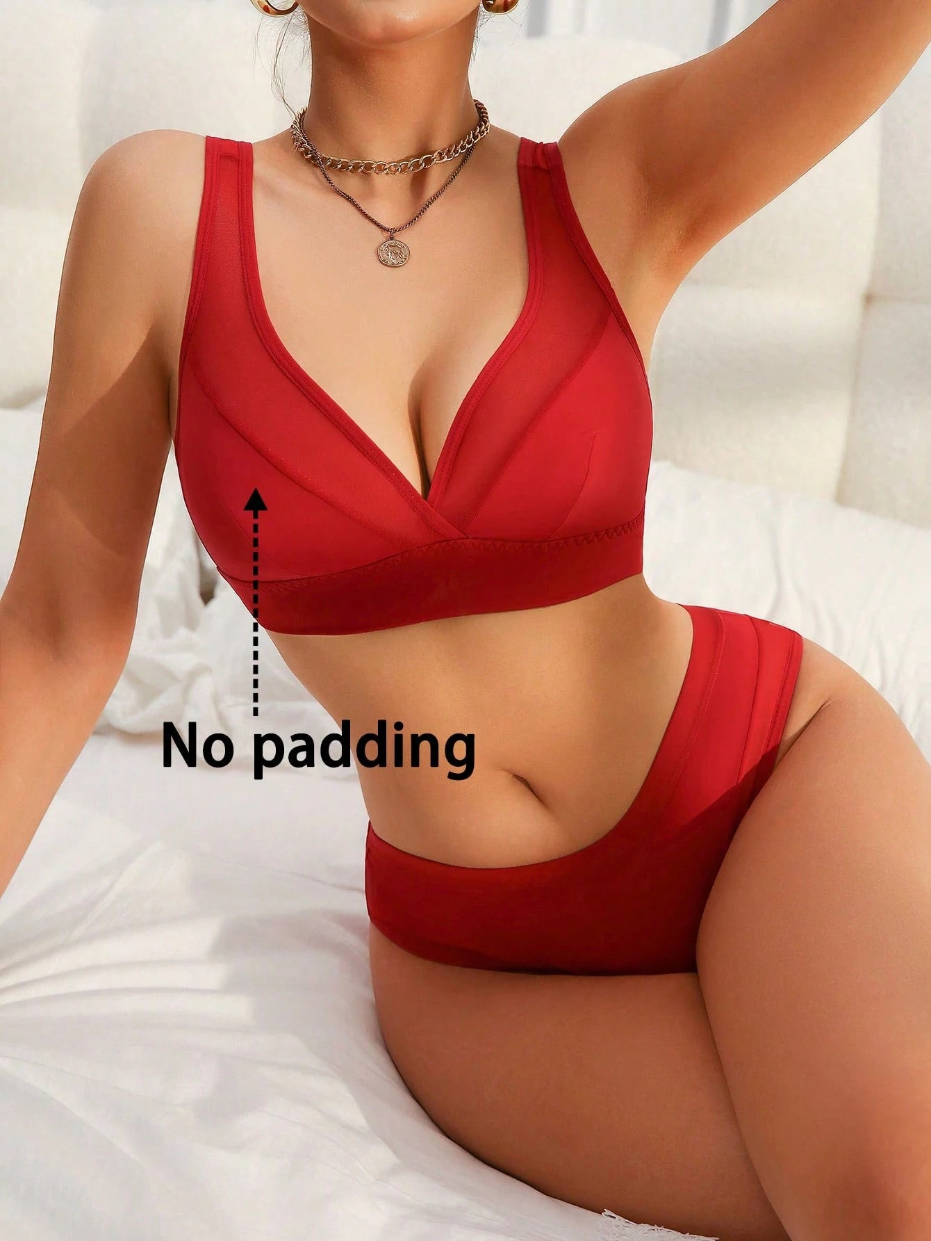 2pcs/Set Women Solid Color Mesh Insert Lingerie Set