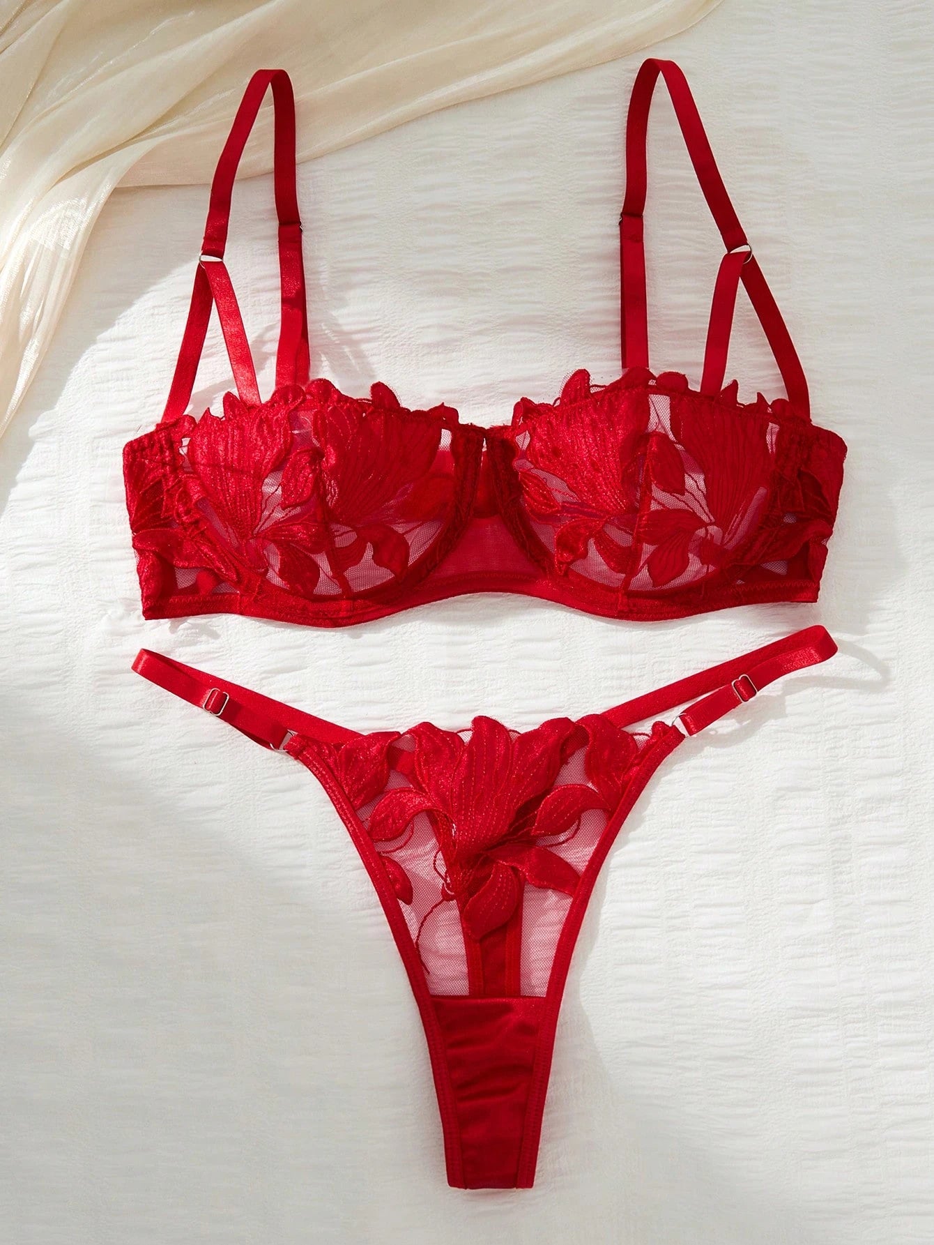 Women's Leaf Embroidery Mesh Sheer Bra And G-String Set
