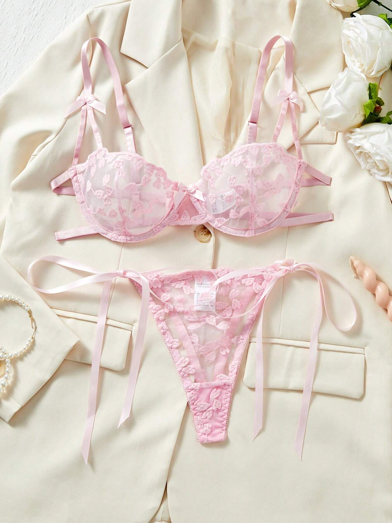 Rose Red Heart Embroidery Sheer Eroticism Bra Set