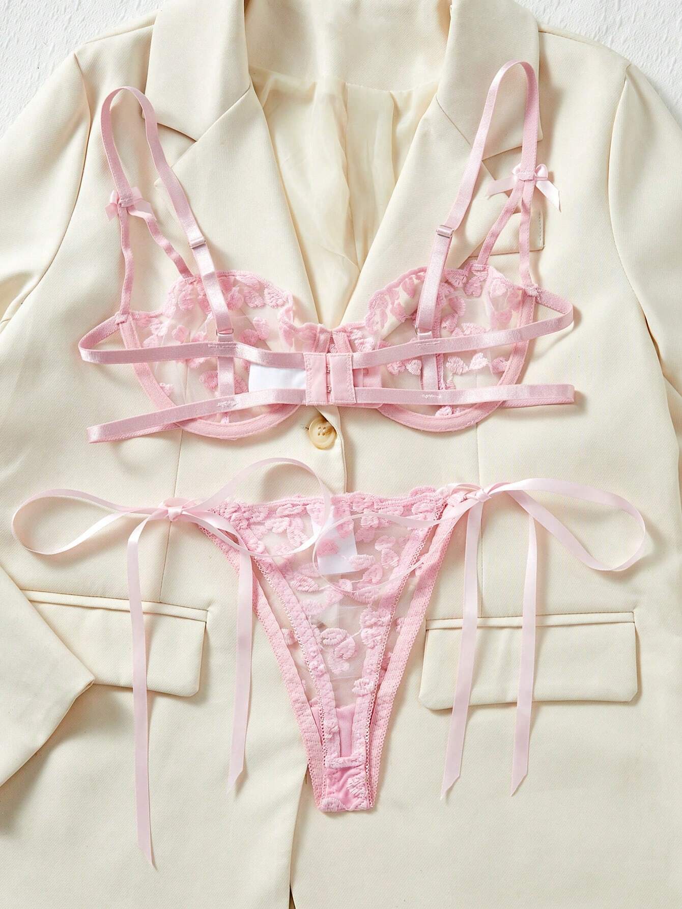 Rose Red Heart Embroidery Sheer Eroticism Bra Set