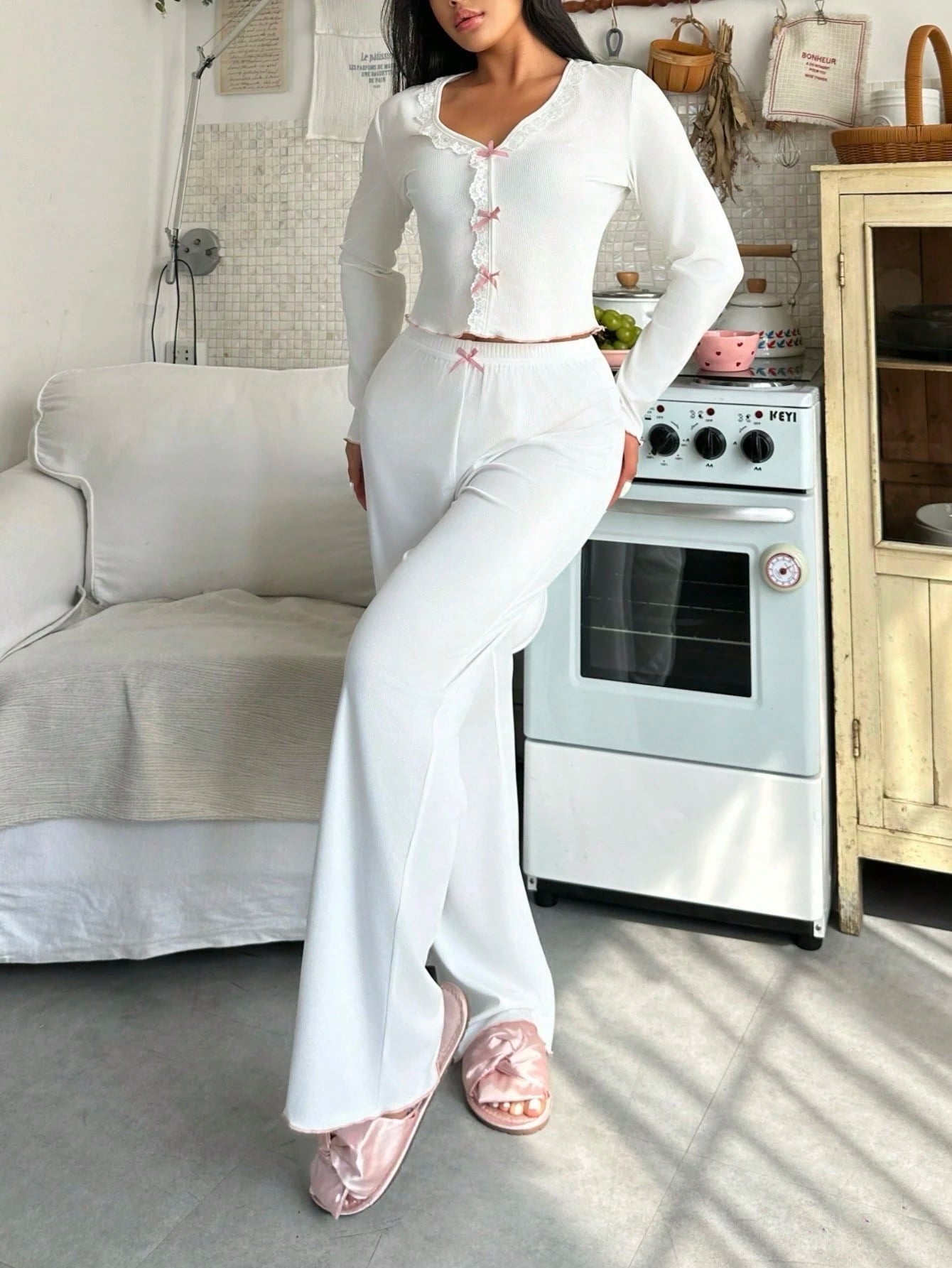 2pcs Women Bow Decor INS Pajamas Set Bow Lounge Set