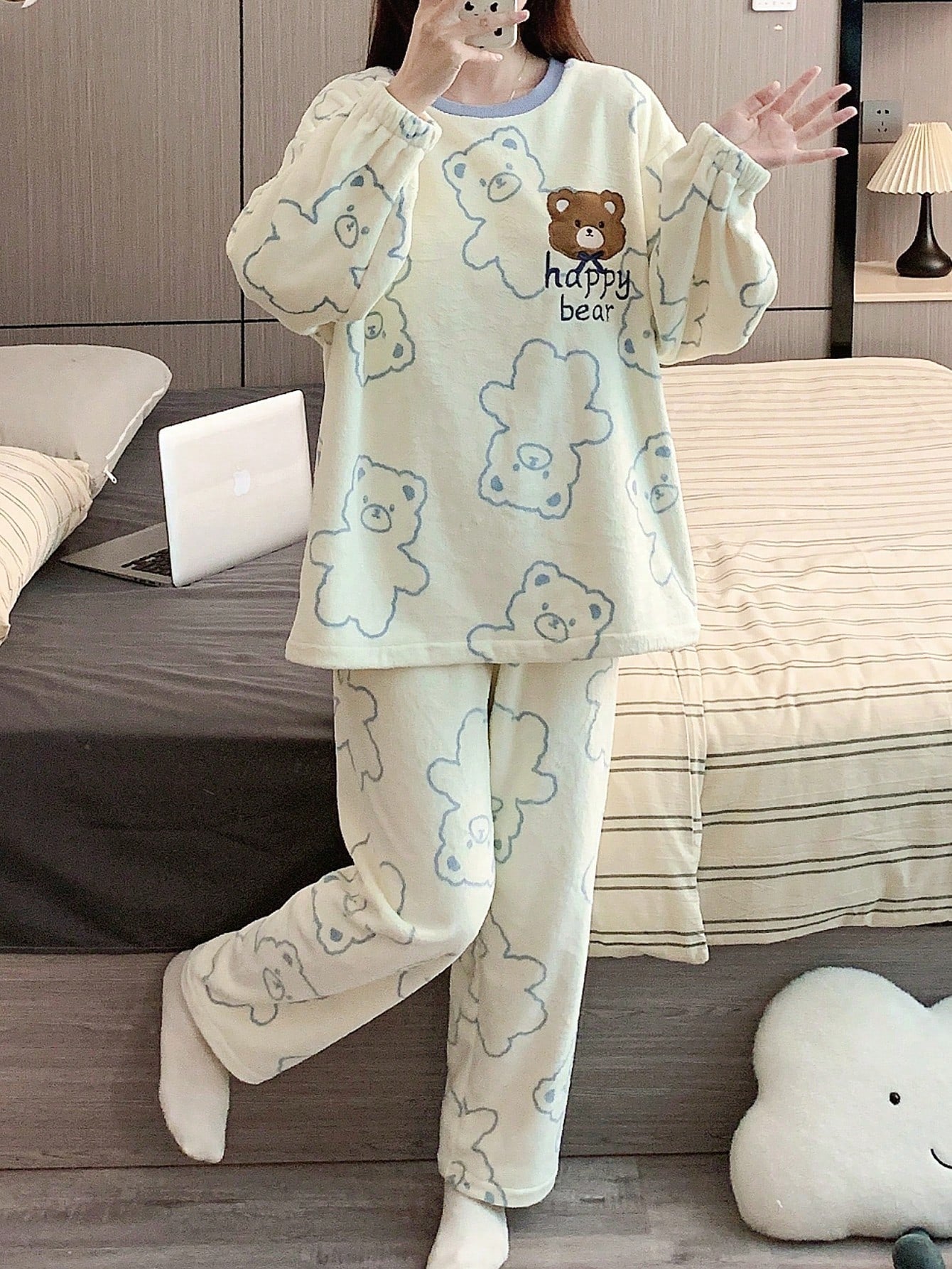 Women Comfy Flannel Pajama Set , Bear Embroidered Top And Long Pants