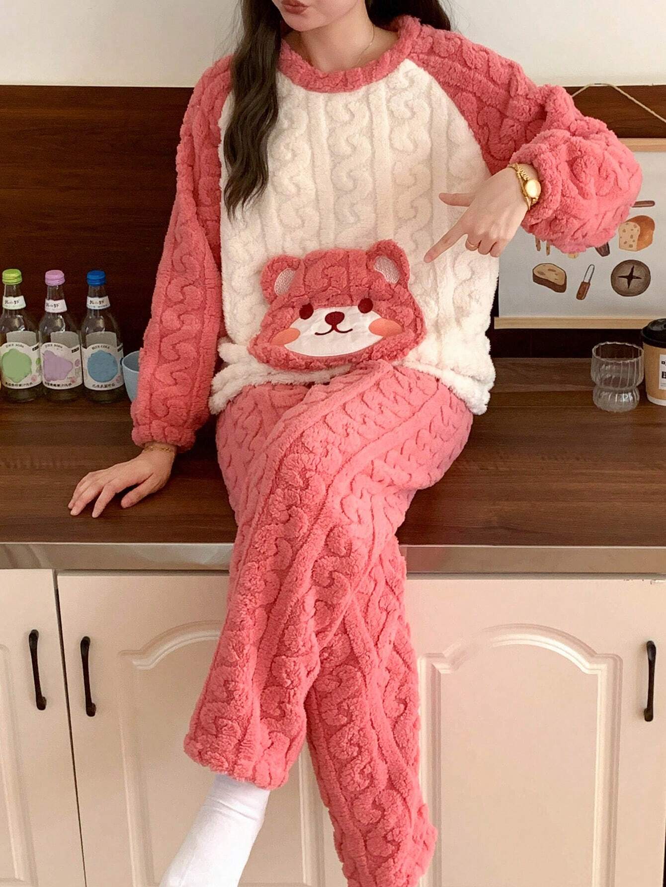 Women Flannel Long Sleeve Top & Long Pants Thicken Fluffy Pajama Set