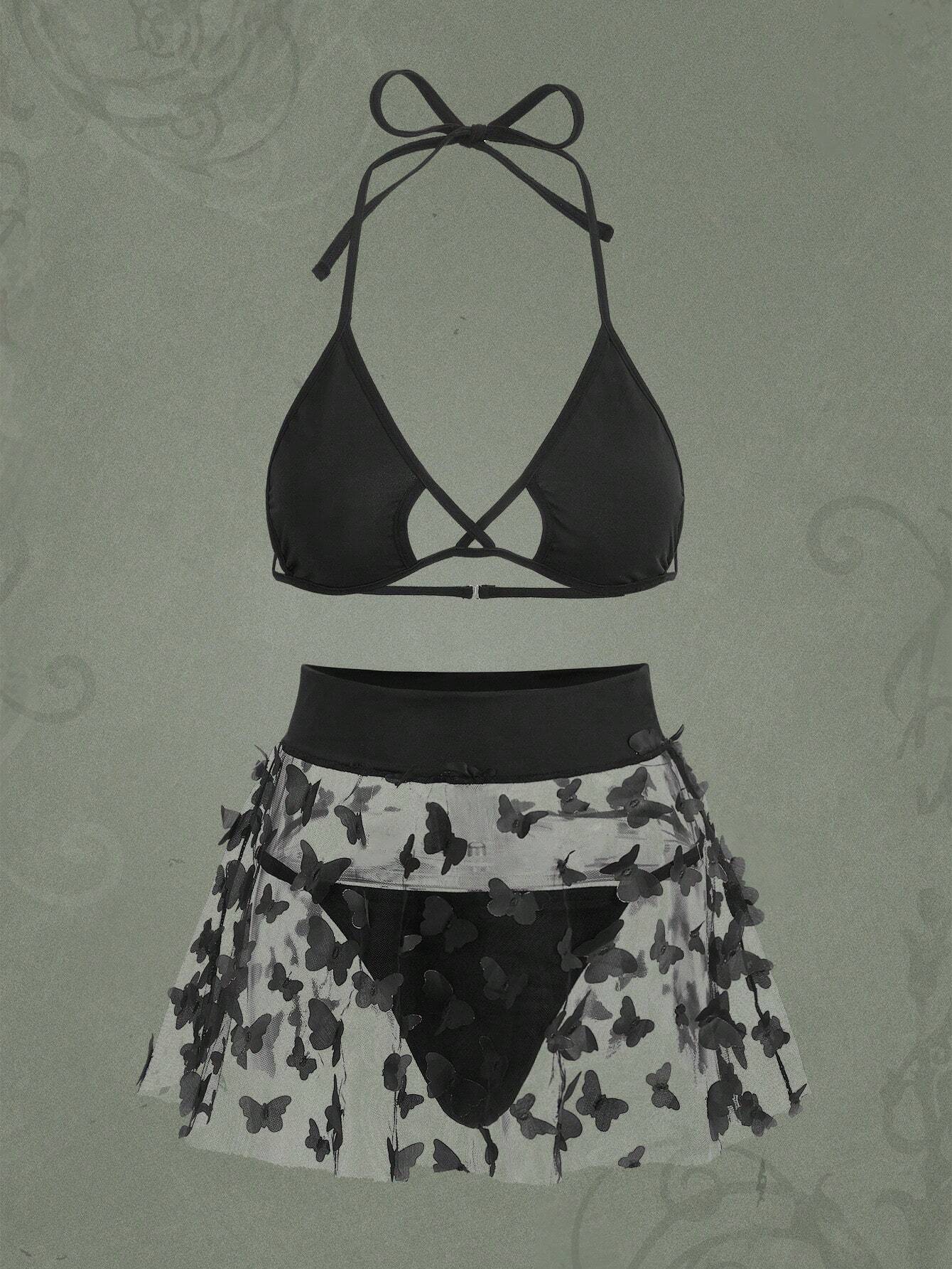 ROMWE Goth Butterfly Appliques Mesh Lingerie Set Black