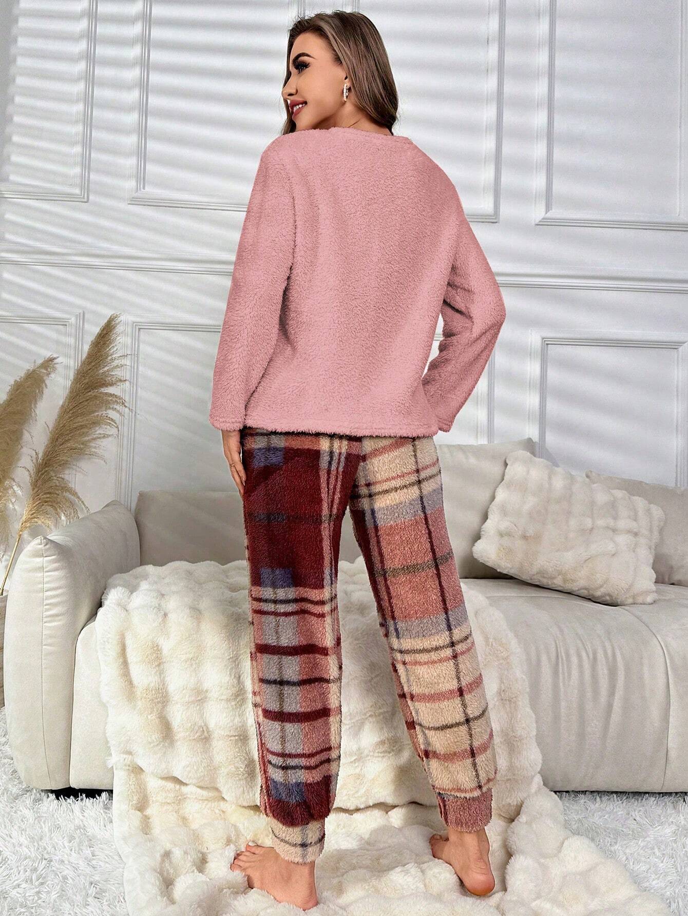 Bear &amp; Letter Embroidery Drop Shoulder Teddy PJ Set / Pajama Set