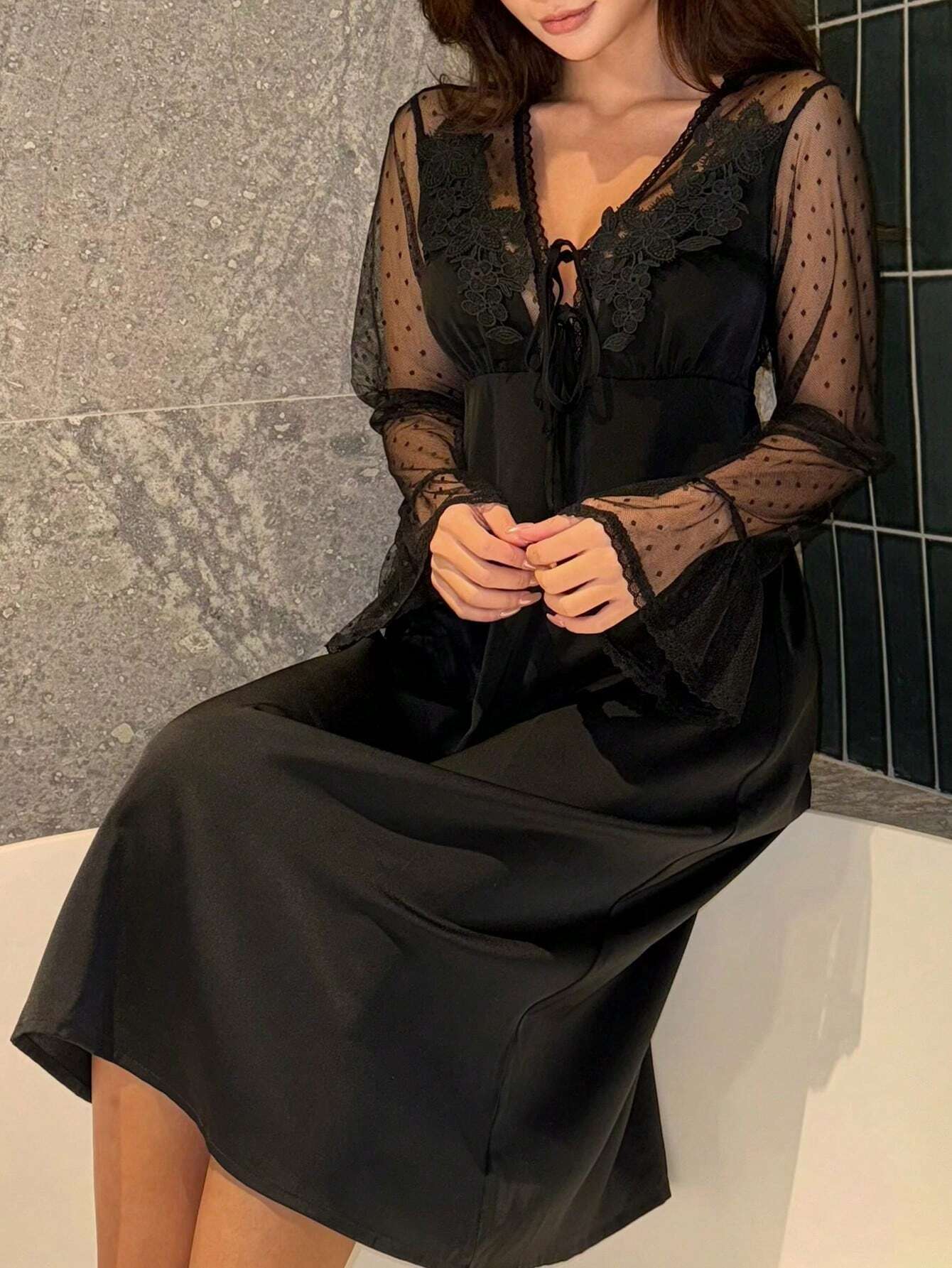 DAZY Satin Contrast Lace Semi-Sheer Ruffle Sleeve Waist Cinched Nightgown