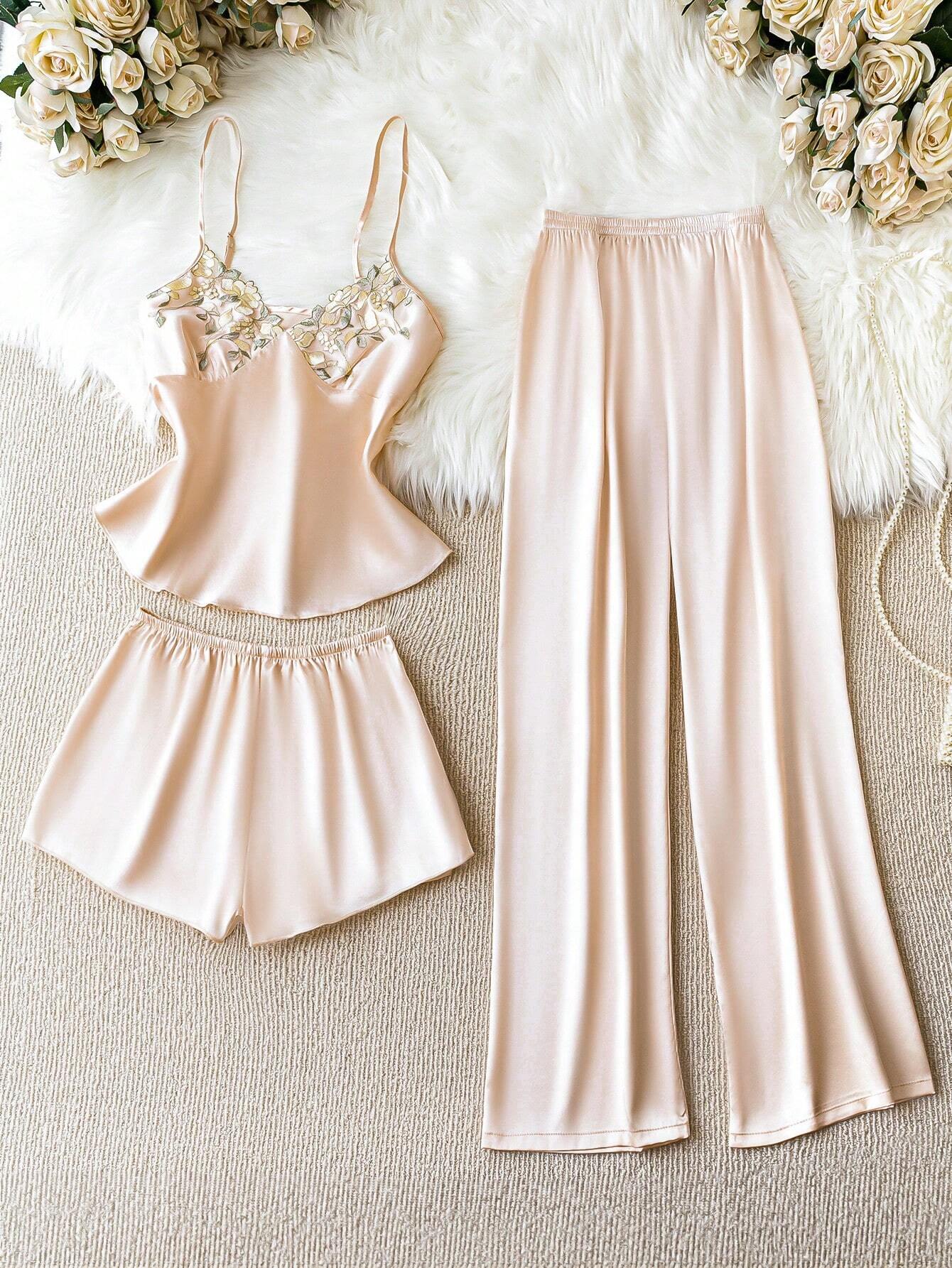 Ladies' Lace Patchwork Cami Top With Solid Colored Shorts And Pants 3-Piece Pajama Set