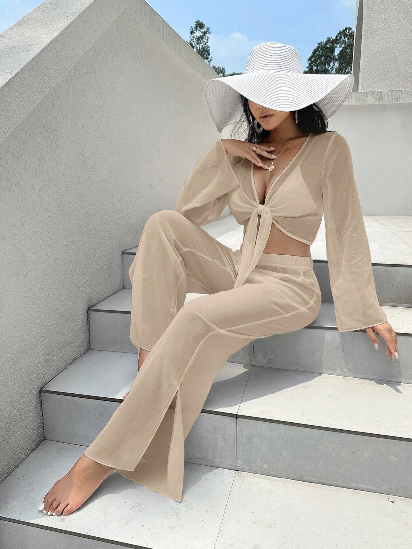 Solid Knot Front Cover Up Set Apricot