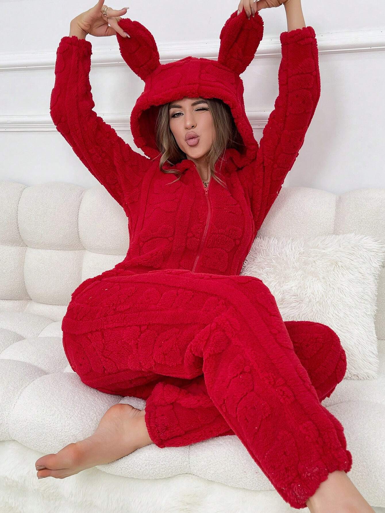 Women's Animal Ear Design Plush Pajama Jumpsuits