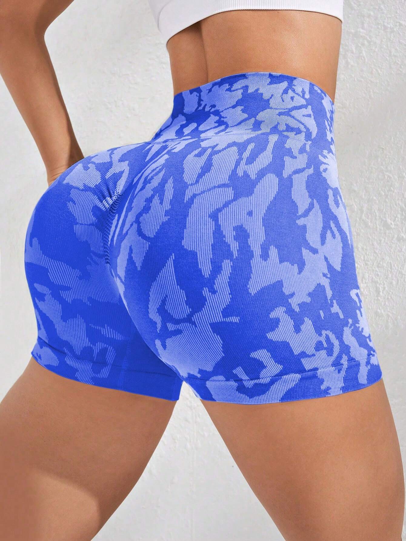 Yoga Trendy Camo Print Wideband Waist Sports Shorts Blue Shorts