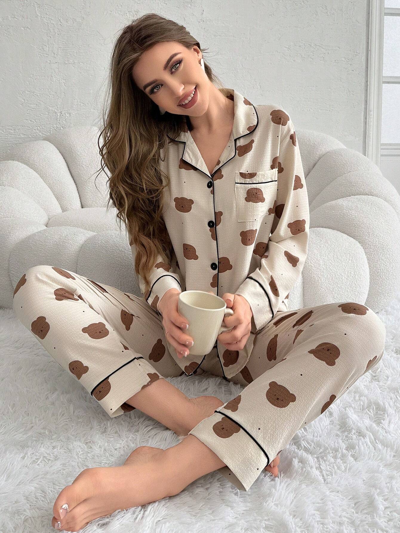 CoupledUp Women's Bear Printed Long Sleeve Long Pants Pajama Set Beige
