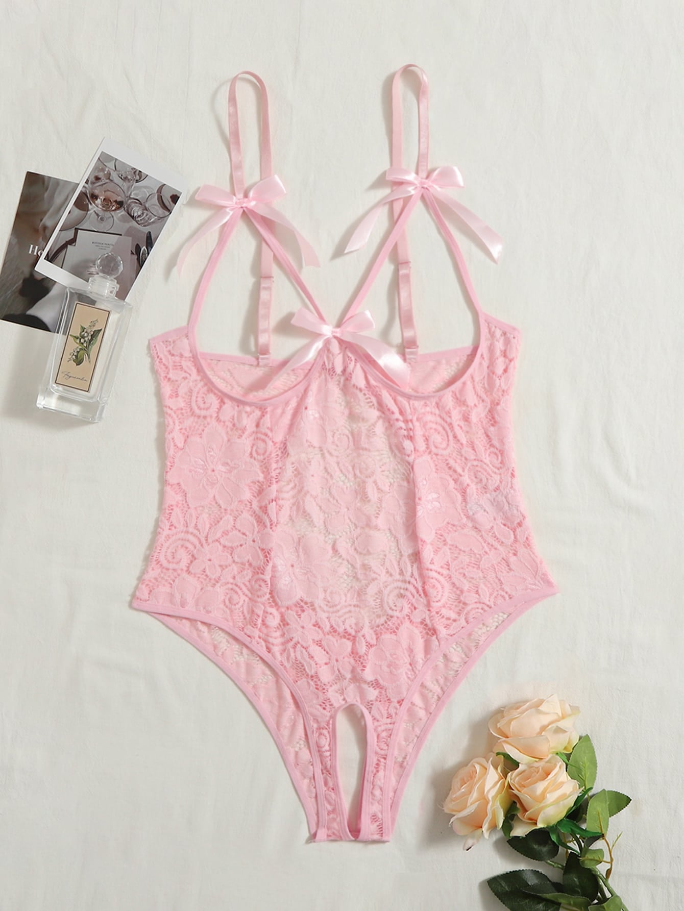 Plus Lace Bow Front Crotchless Teddy Bodysuit