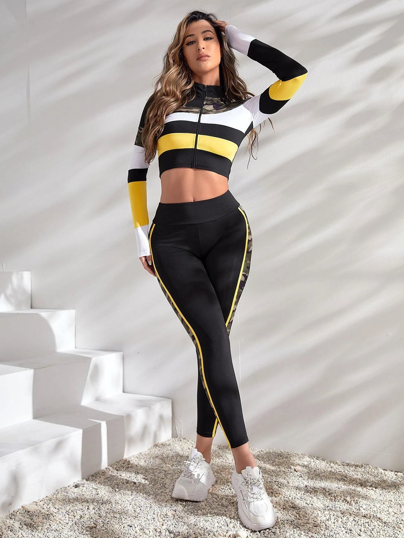 Yoga Trendy Camo Print Colorblock Sports Set