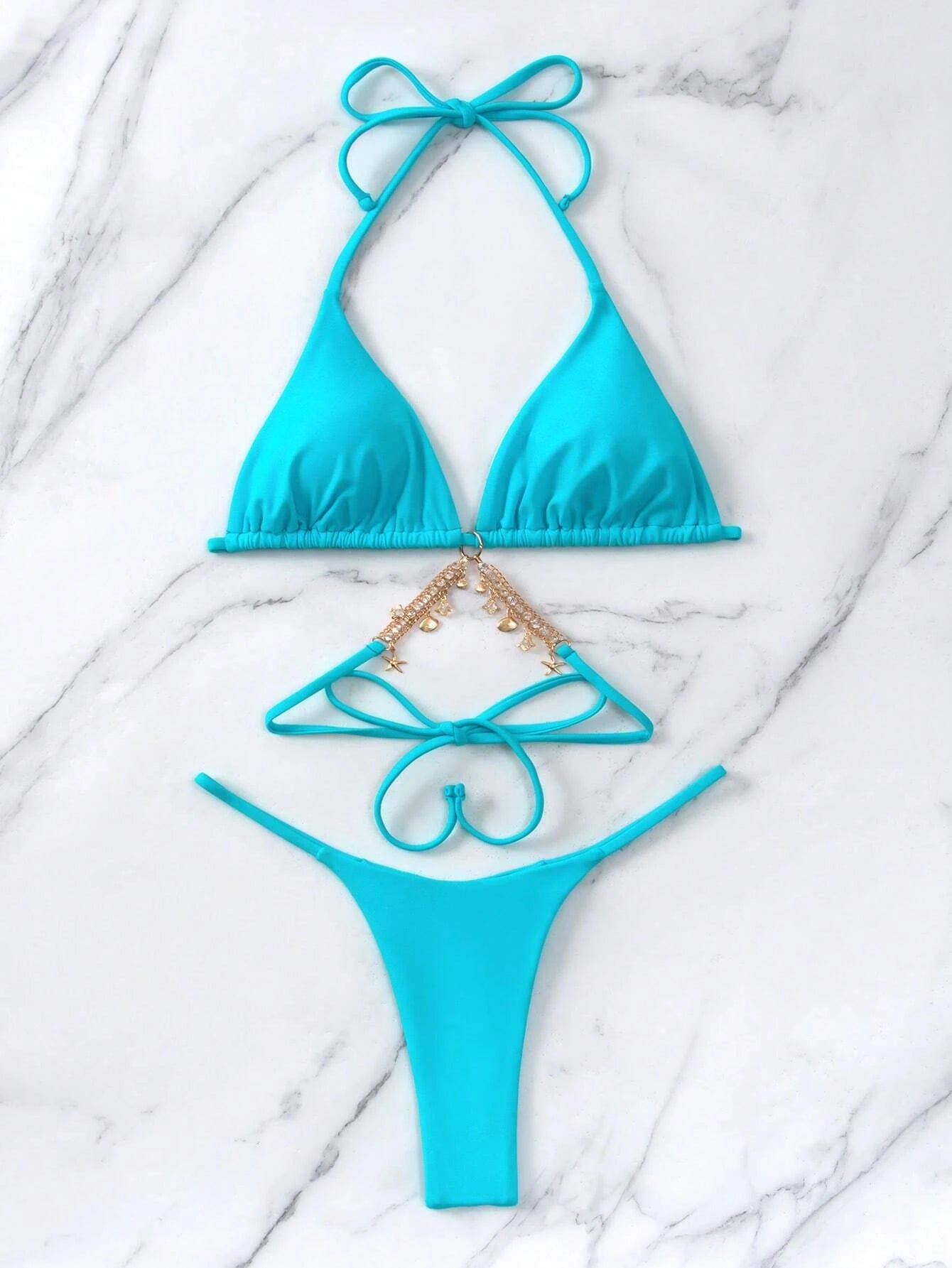 Swim BAE Chain Linked Halter Triangle Bikini Swimsuit Blue