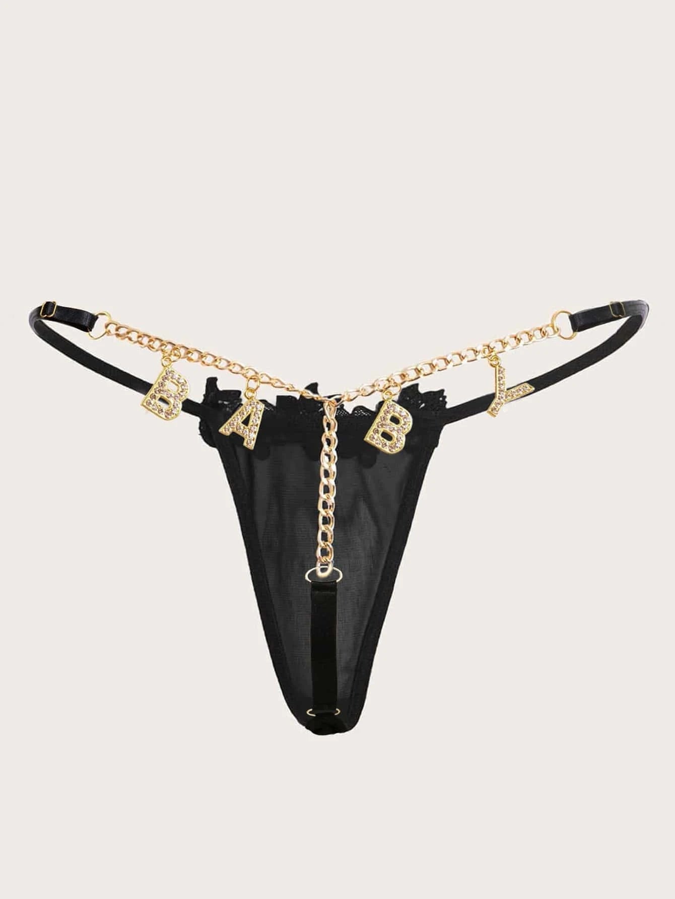 Mesh Floral Applique Letter &amp; Chain Detail Thong