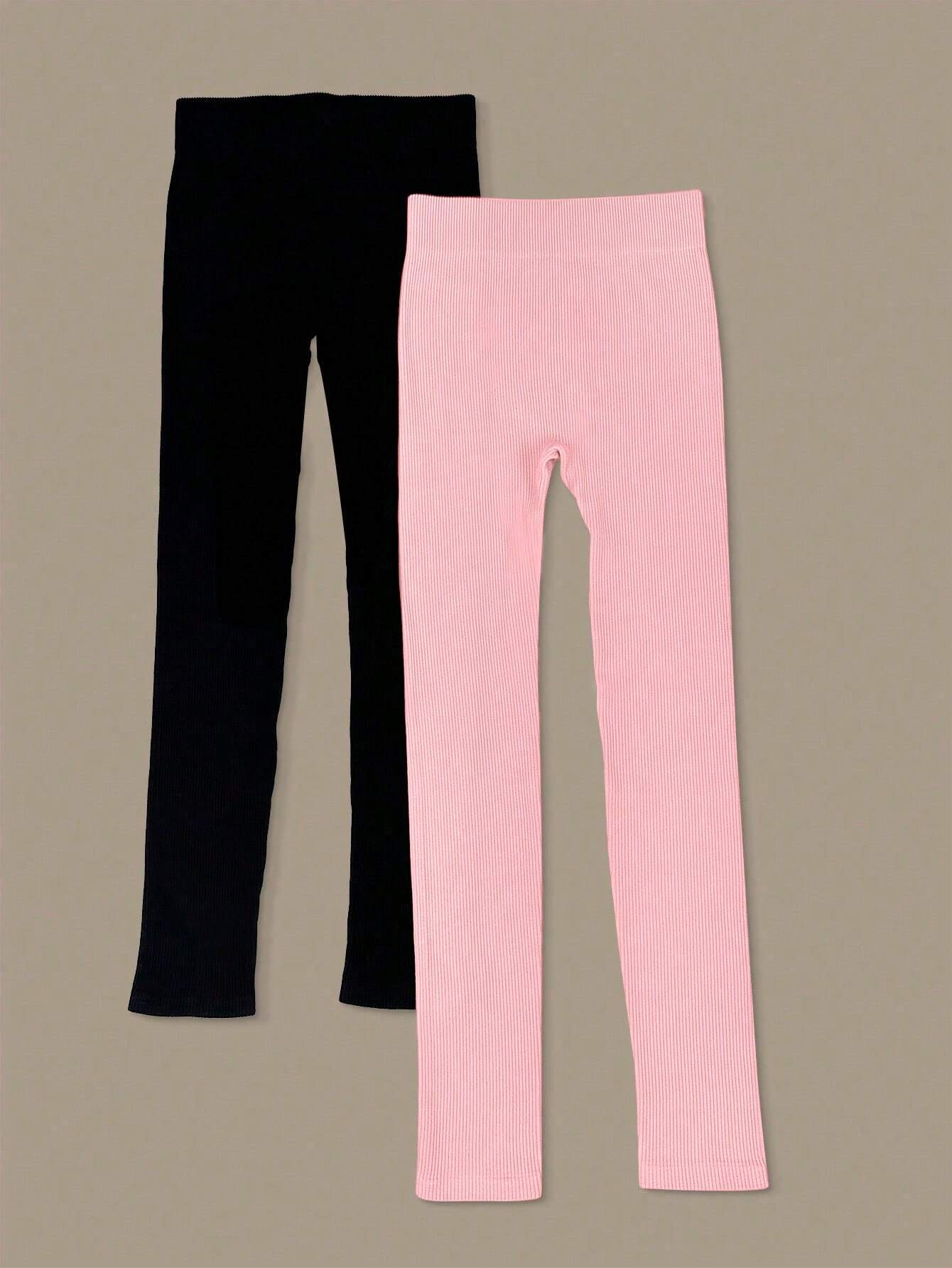 Yoga Basic 2pcs Solid Ribbed Knit Sports Leggings Workout Leggings Spandex Multicolor 3