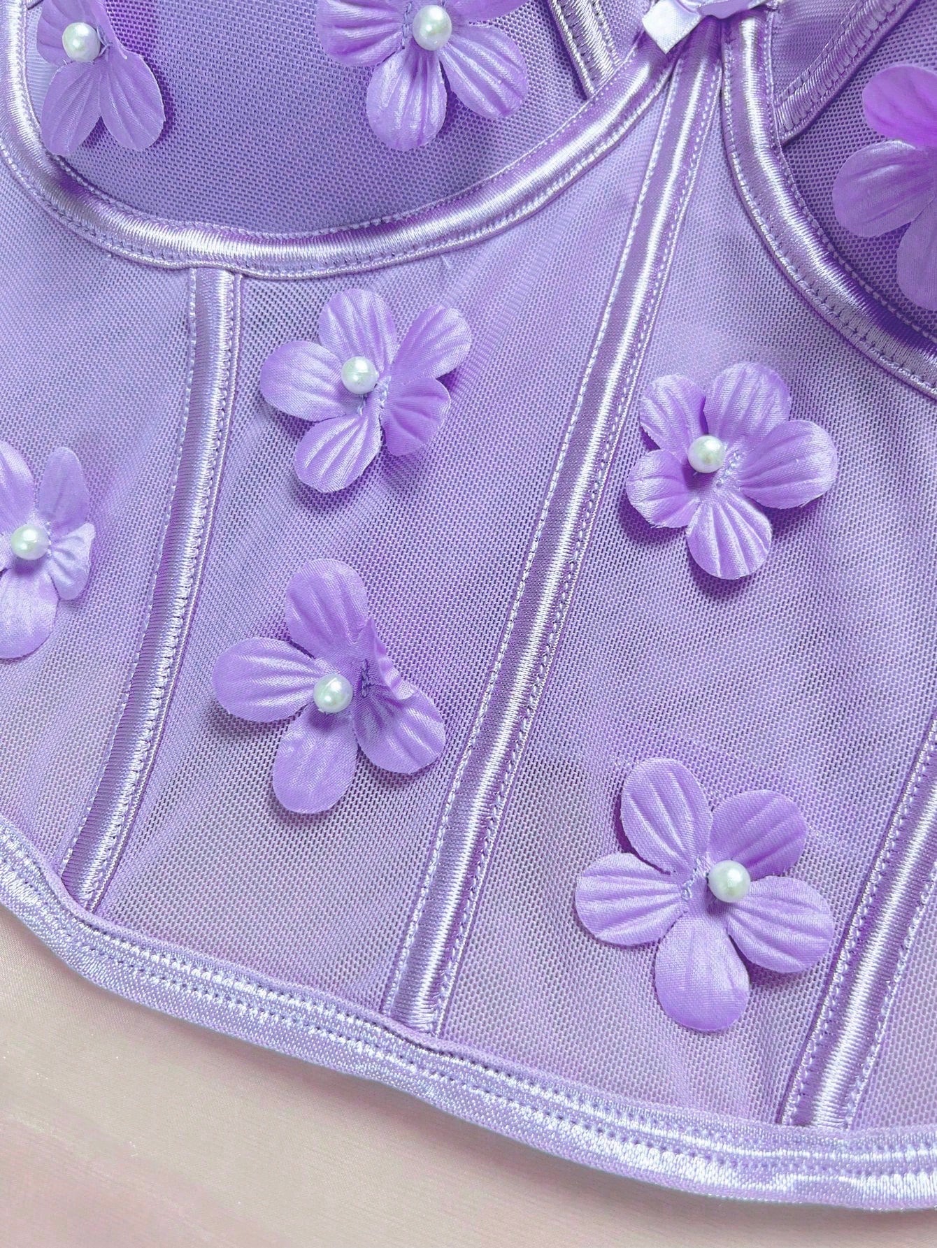 Floral Appliques Mesh Underwire Bra