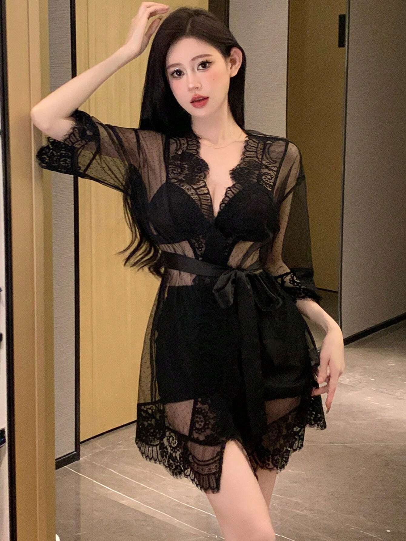 DAZY Women Lace Splicing Mesh Half Sleeve Sexy Perspective Sleepwear