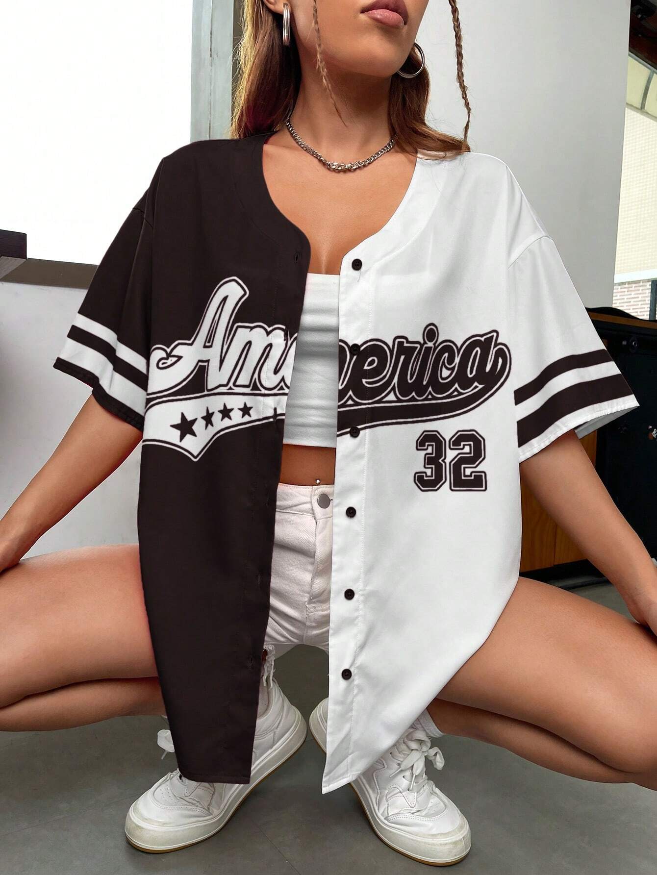 EZwear Letter Graphic Two Tone Drop Shoulder Blouse Without Cami Top