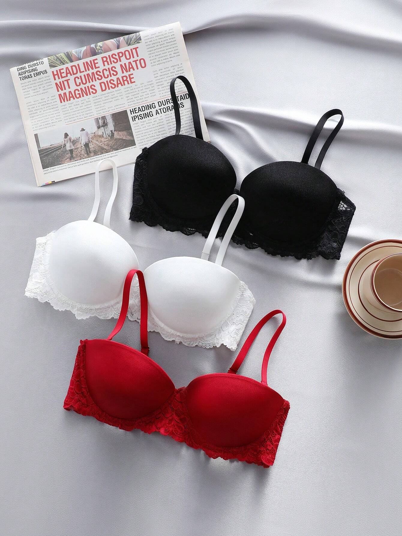 3pcs Contrast Lace Underwire Bra