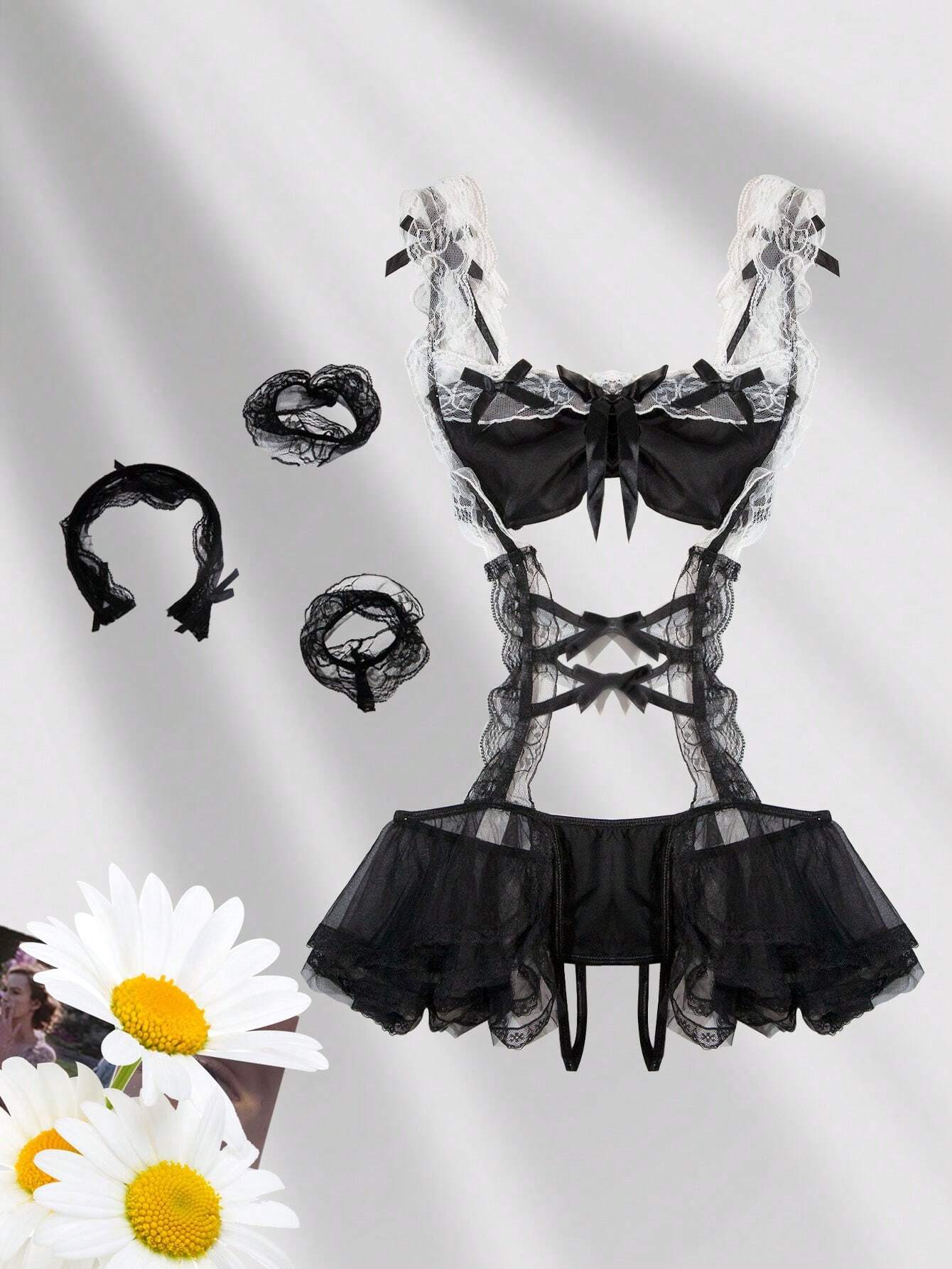Lace French Maid Costume Seductive Teddy Bodysuit With Open Crotch &amp; Cutout Design Including Accessories Lingerie Set