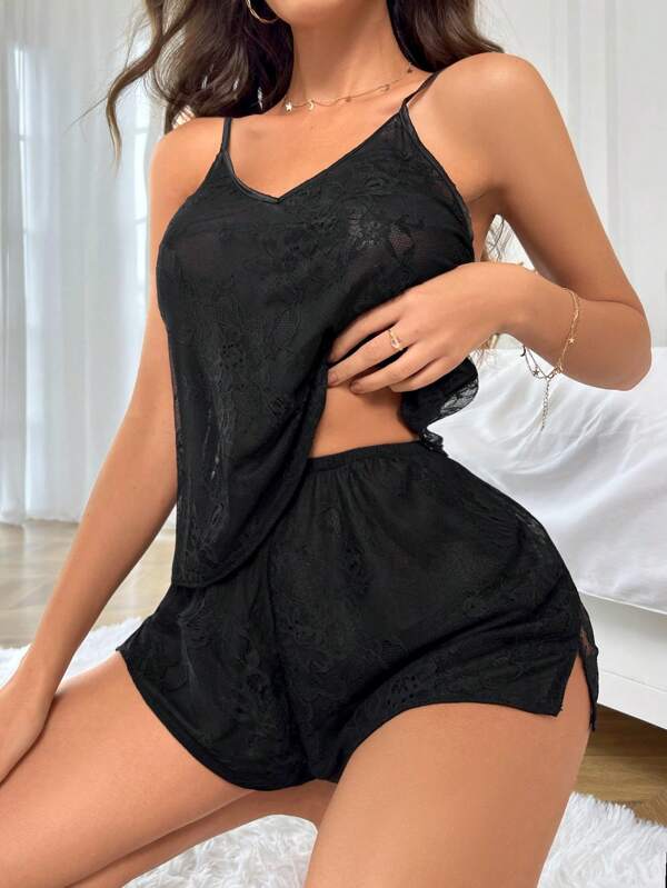 Contrast Lace Split Hem Cami Top &amp; Shorts PJ Set