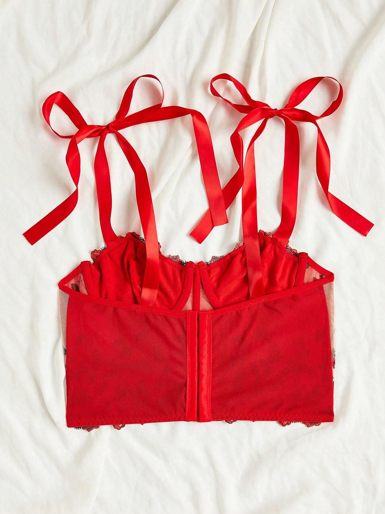 Floral Embroidery Mesh Overlay Tie Shoulder Cami Top Lingerie