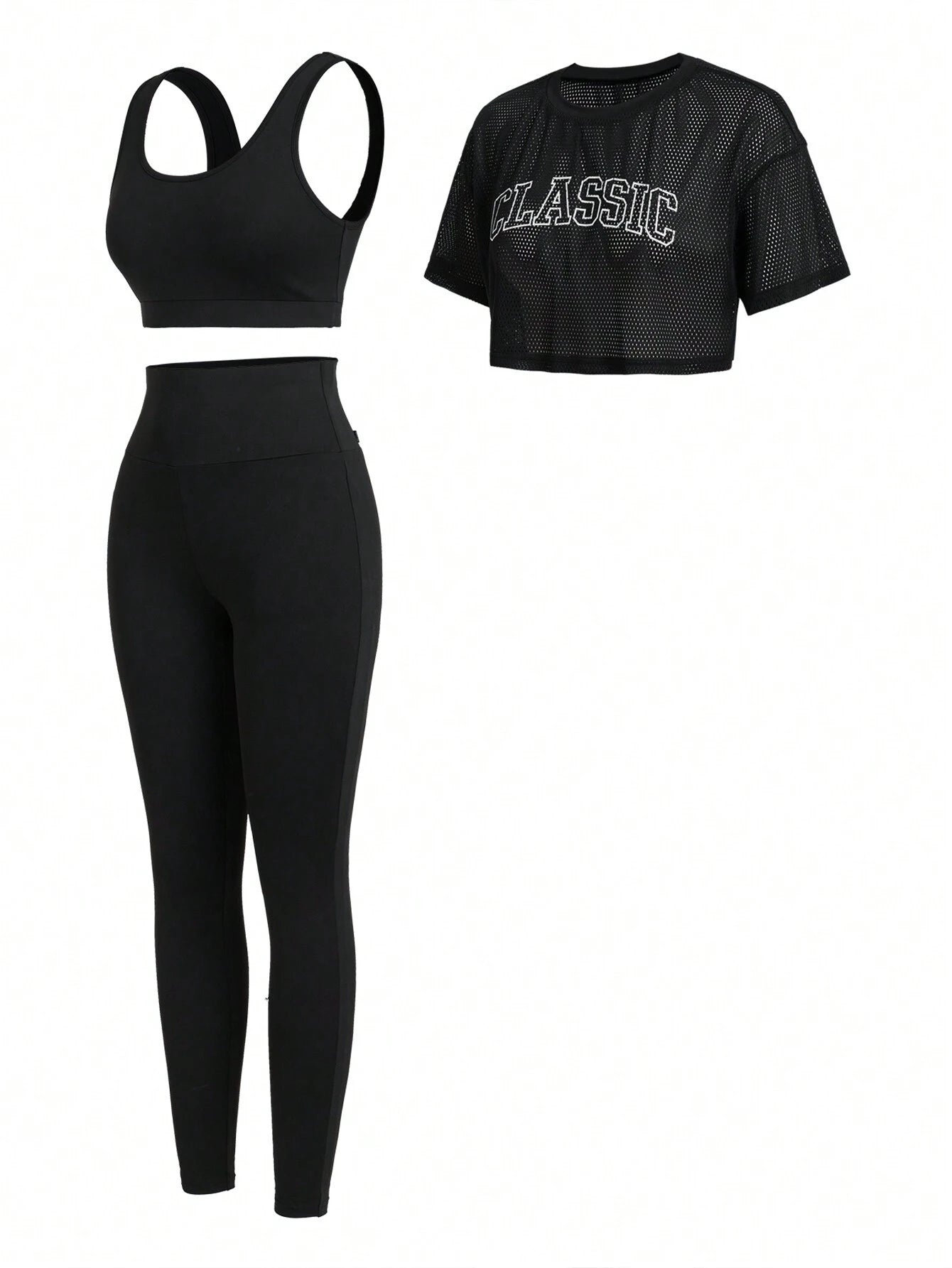 Sport Studio Mesh Printed Vest + Black Basic Slim-Fit Tank Top + &amp; Leggings