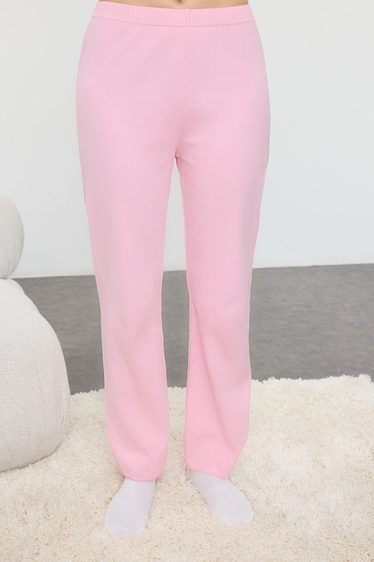 Ecru Cotton Lace and Ribbon/Bow Detail Ribbed Knitted Pajamas Set