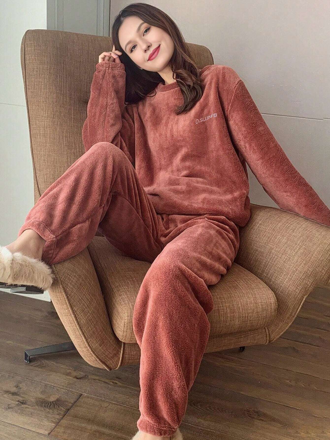 2pcs/Set Women Solid Color &amp; Letter Print Long Sleeve Shirt And Pants Pajama Set