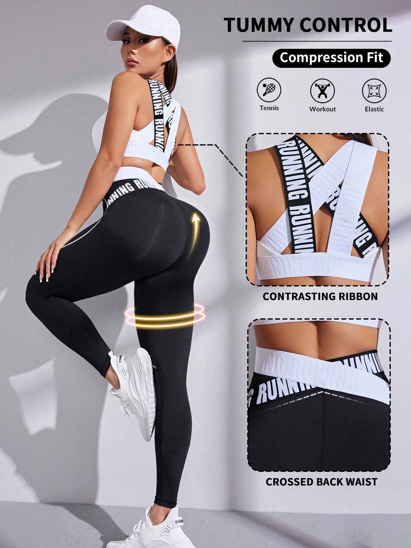 Street Sport Letter Tape Waist Sports Set Black & White