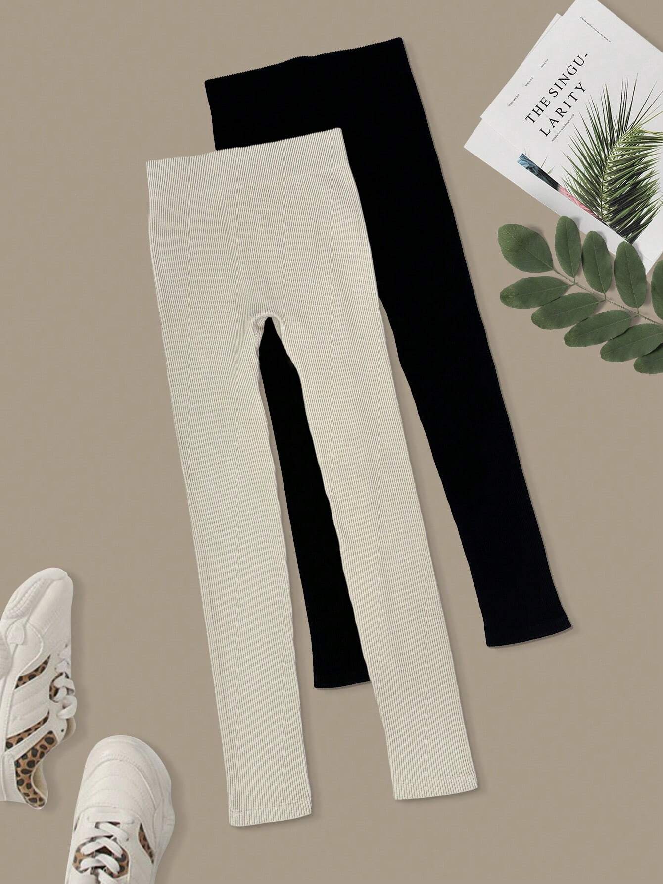 Yoga Basic 2pcs Solid Ribbed Knit Sports Leggings Workout Leggings Spandex