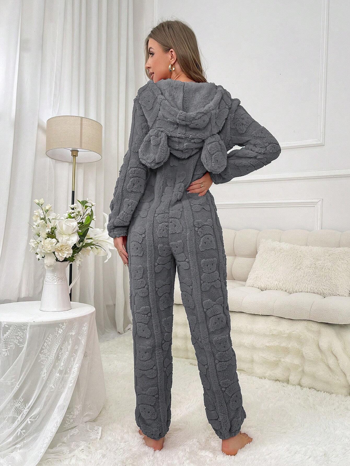 Women's Animal Ear Design Plush Pajama Jumpsuits