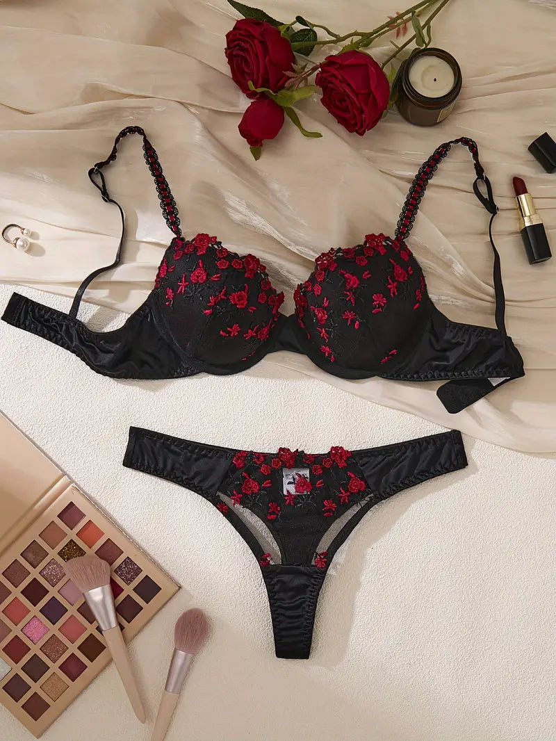 Floral Embroidered Lingerie Set, High Support Push Up Bra & Tin Triangle Panties Black & Red