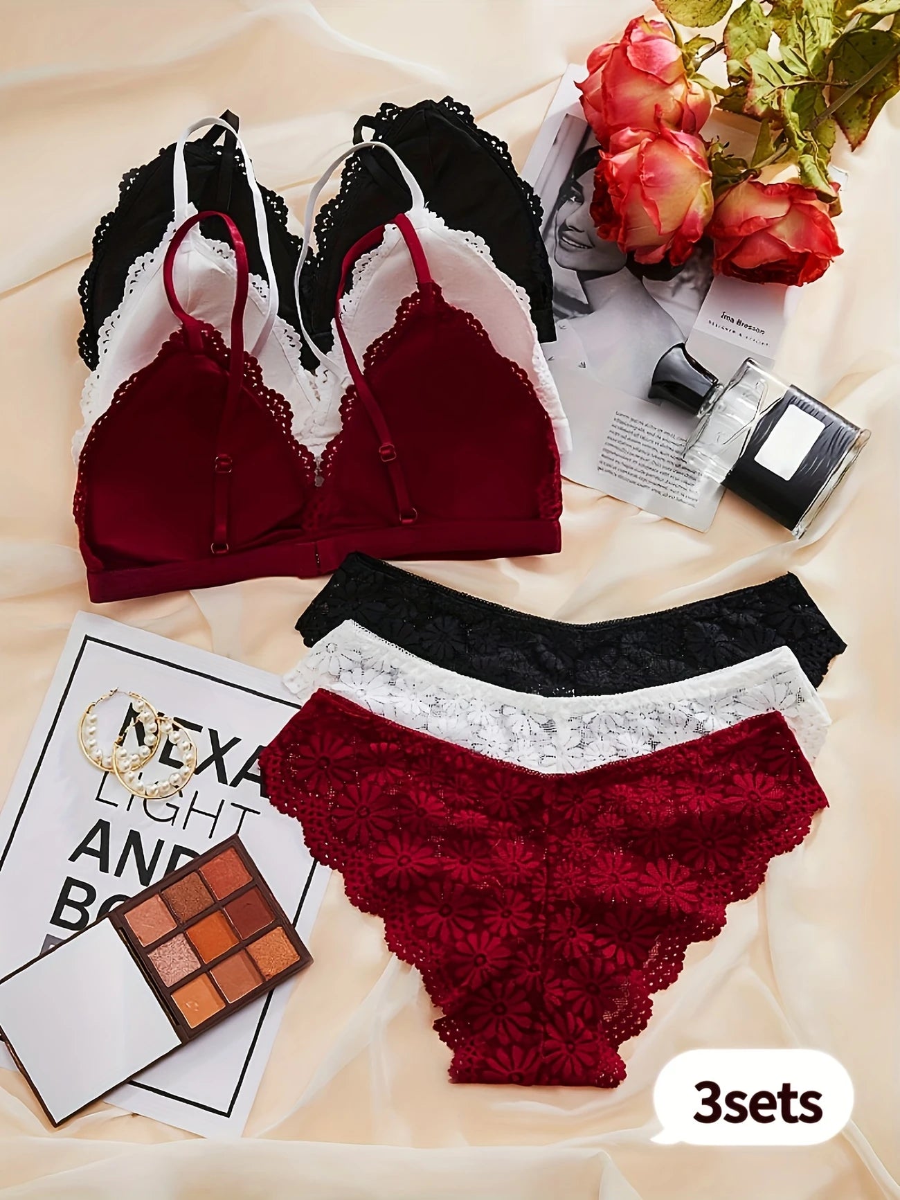3pcs Comfortable & Breathable Lace Bra Set with Scallop Embellishments - Includes Bralette, Panties, and Underwear