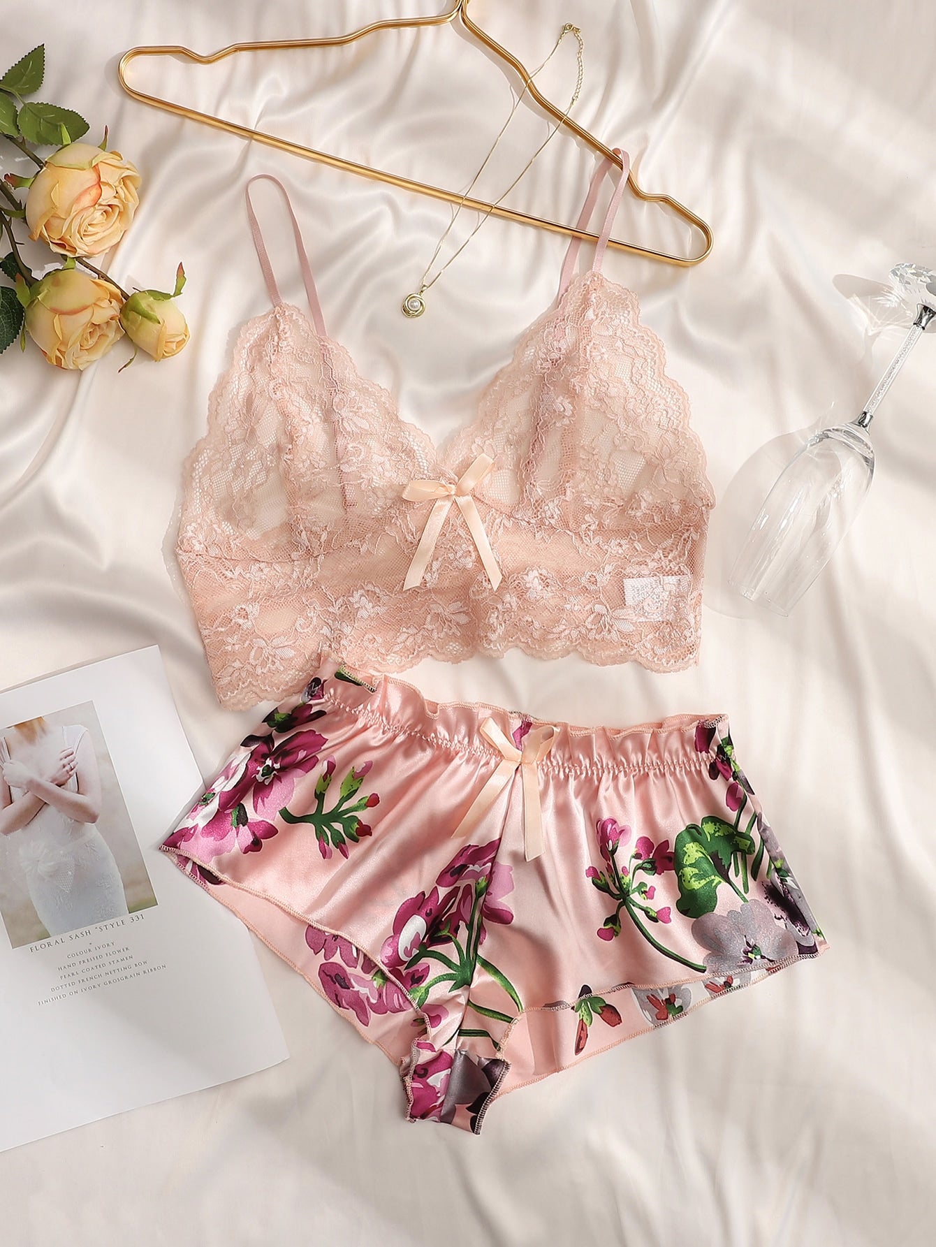 Floral Lace Bralette With Floral Shorts Coral Pink