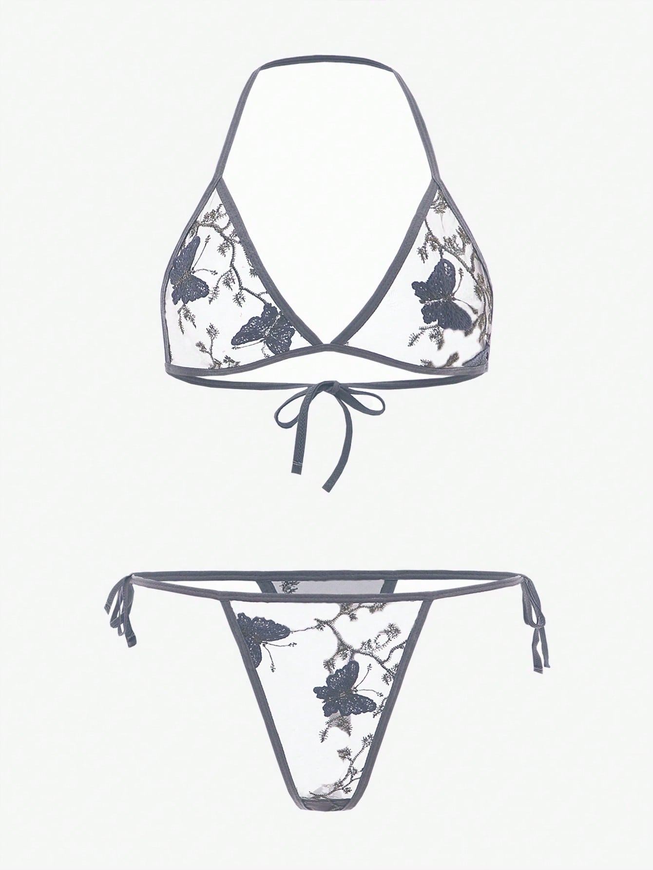 Floral Embroidered Mesh Triangle Lingerie Set Grey