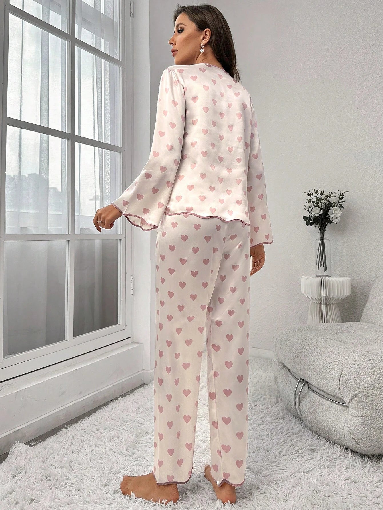 Heart Print Contrast Piping Satin PJ Set / Pajama Set